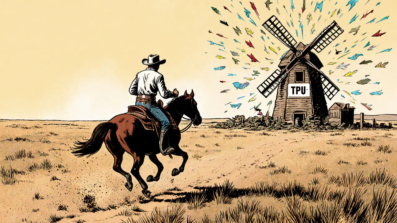 A cowboy riding alone across a prairie as a broken windmill collapses under a storm of digital arrows, symbolizing Solana&#039;s fragile speed.