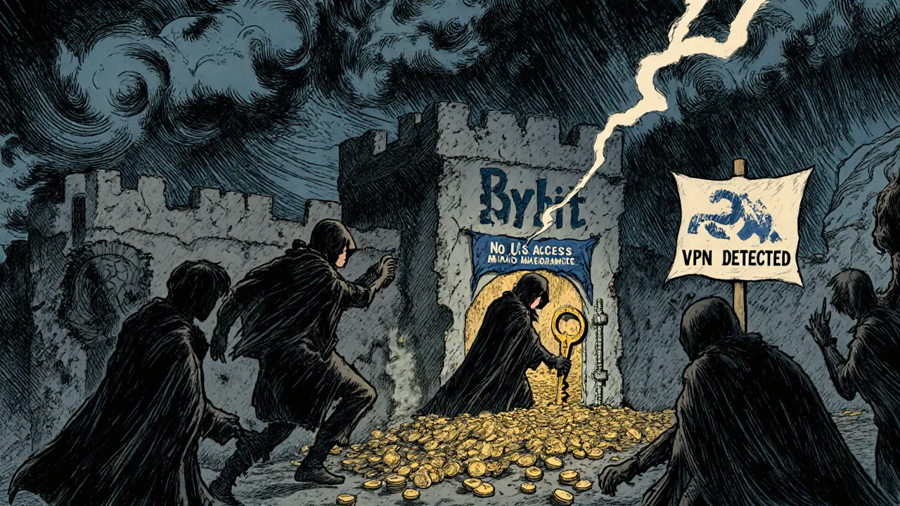 A crumbling Bybit fortress under stormy skies, with hackers rescuing coins as lightning strikes a &#039;Mandiant Fix&#039; sign.
