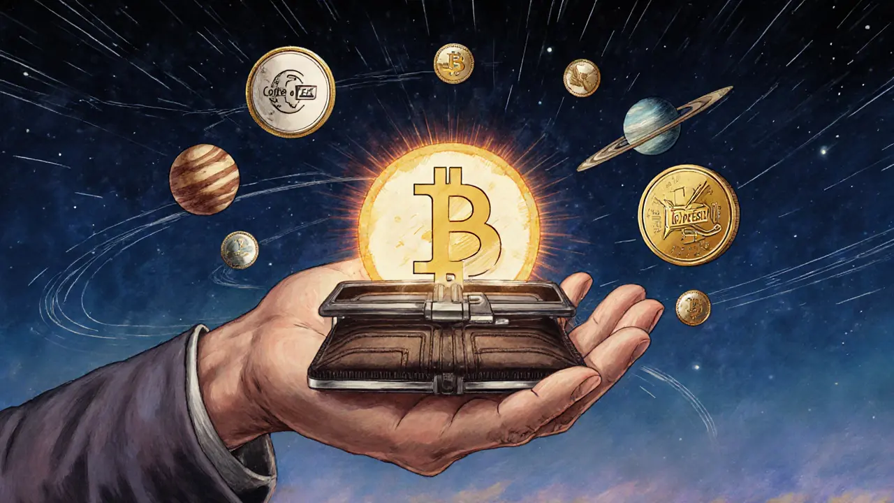 A digital wallet opening to reveal branded coins orbiting a central XDB coin like celestial bodies.