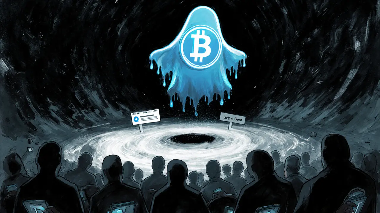 A fading BRG token drifts toward a black hole as empty wallets gather, while a vibrant rival project glows with active code.