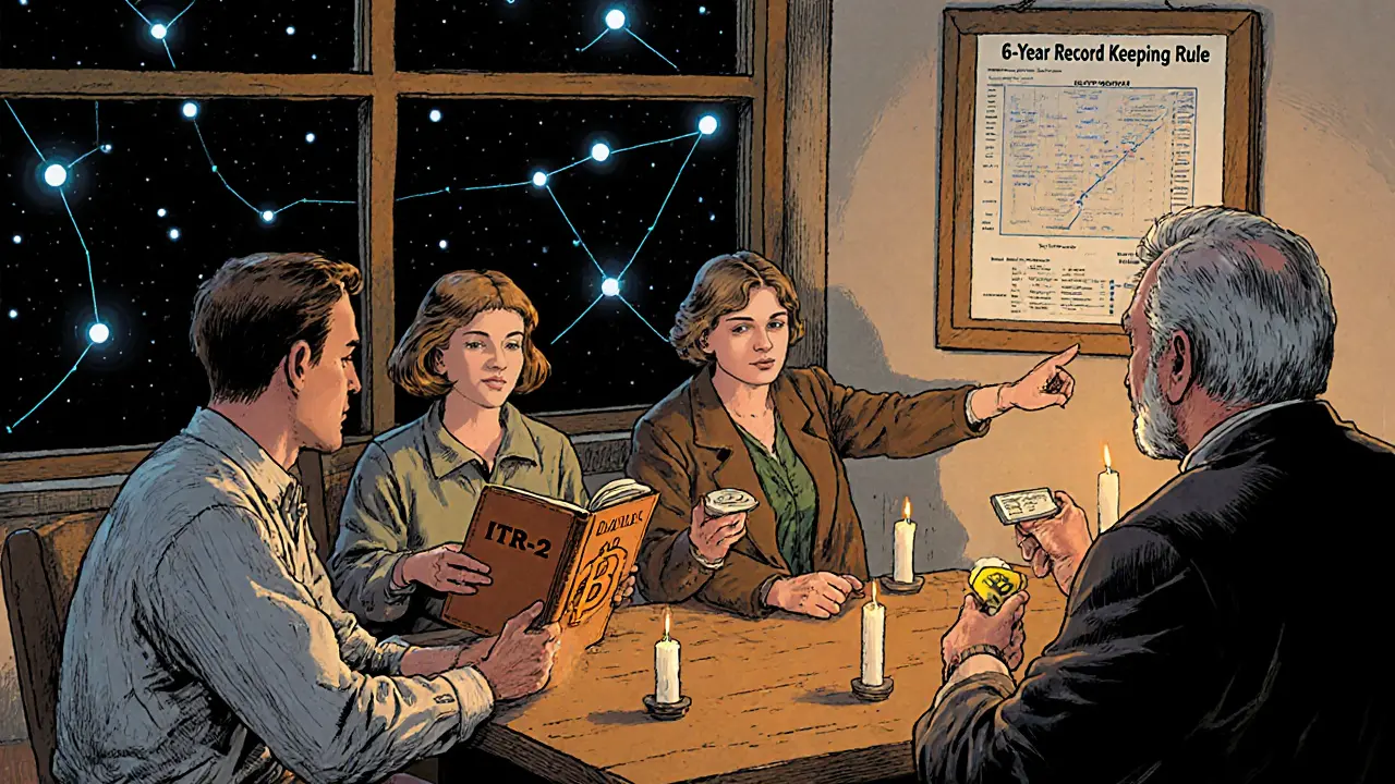 A family passes a digital token at a wooden table, consulting tax records under candlelight with digital trails visible outside.