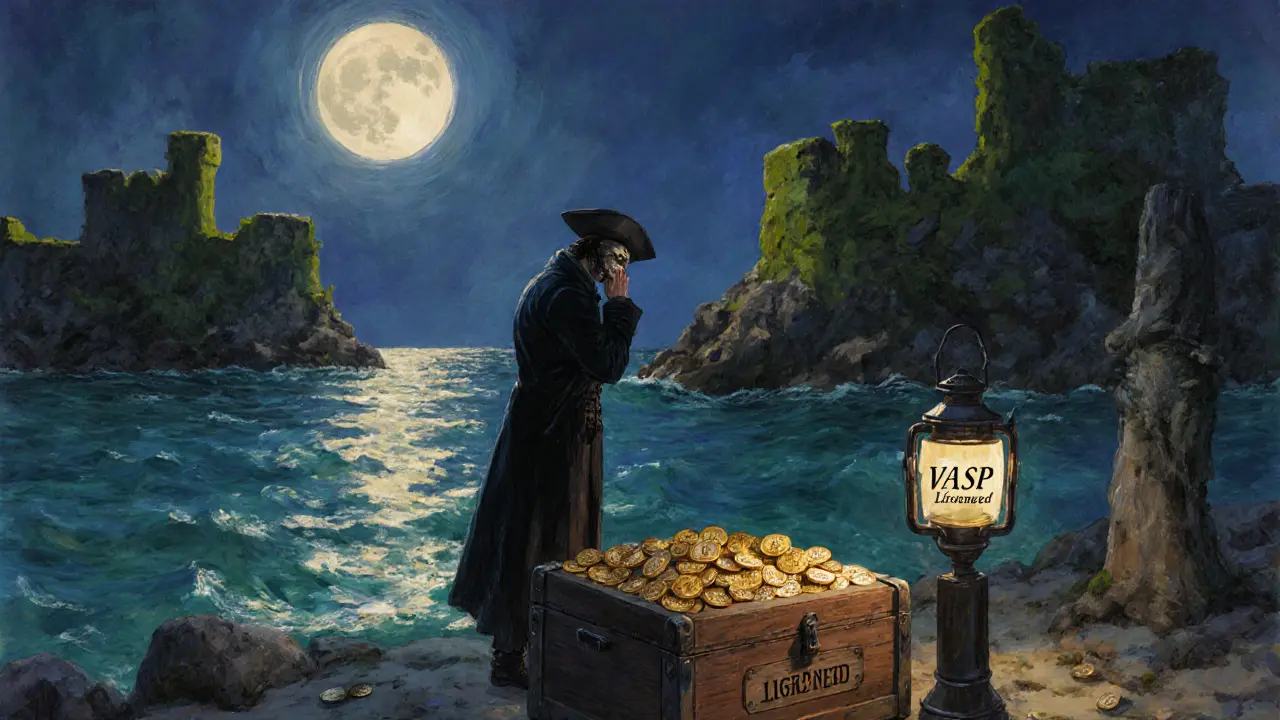 A figure in a coat whispers to a custodian in a Cayman cove, surrounded by Bitcoin coins and moonlit waves.