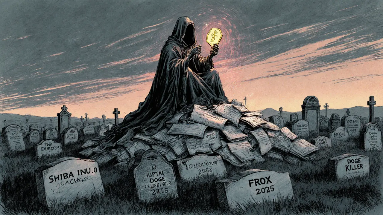 A ghostly figure sits atop a graveyard of dead crypto coins, holding a fading FROX token.