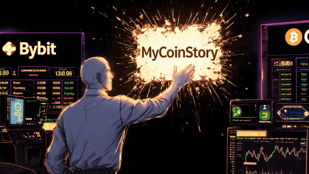 A ghostly trader reaching for a crumbling MyCoinStory screen, while thriving exchanges glow warmly behind.