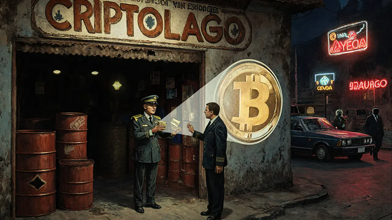 A government official exchanges bolivars for crypto at a state-run exchange, with oil barrels glowing as digital nodes.