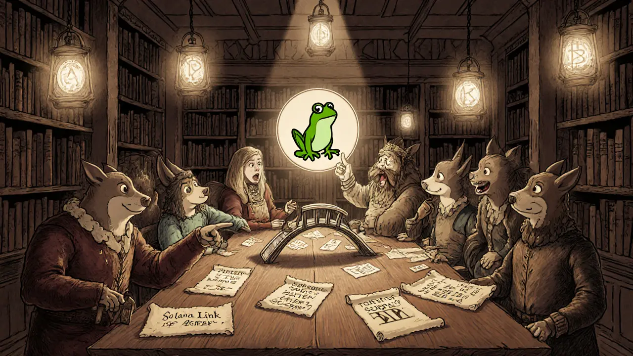 A group of fantasy-style characters gather around a table covered in memes and broken bridge diagrams.