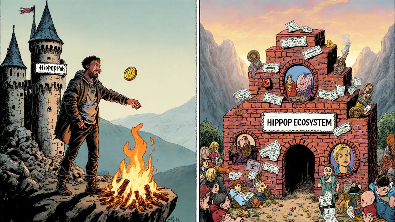 A person burning meme coins while a community builds a new Web3 ecosystem.