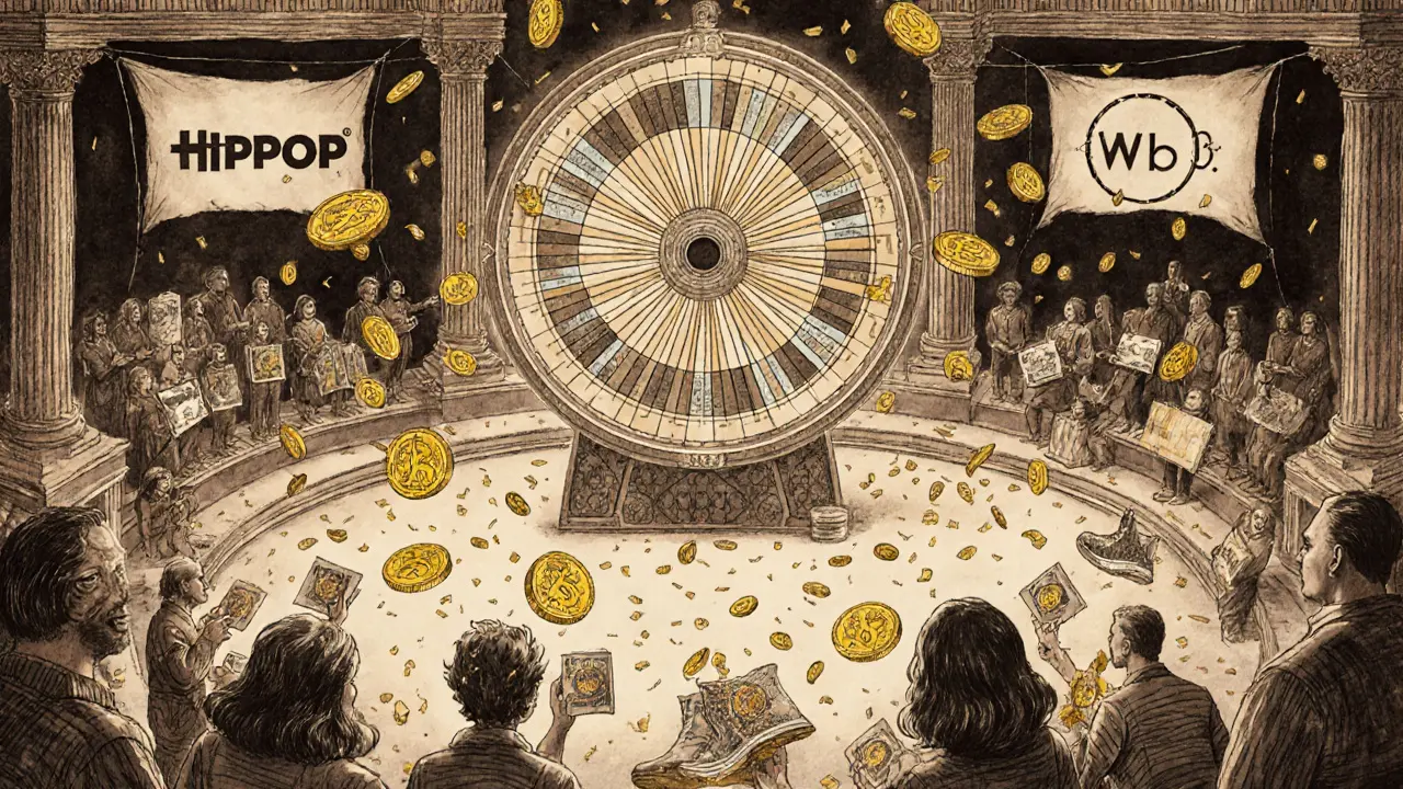 A spinning raffle wheel in a digital amphitheater with NFTs and sneakers as prizes.