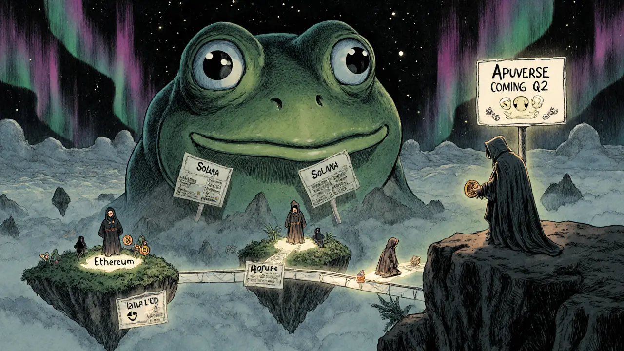 A traveler on a cliff gazes at a frog-shaped metaverse with glowing bridges connecting three blockchain islands.