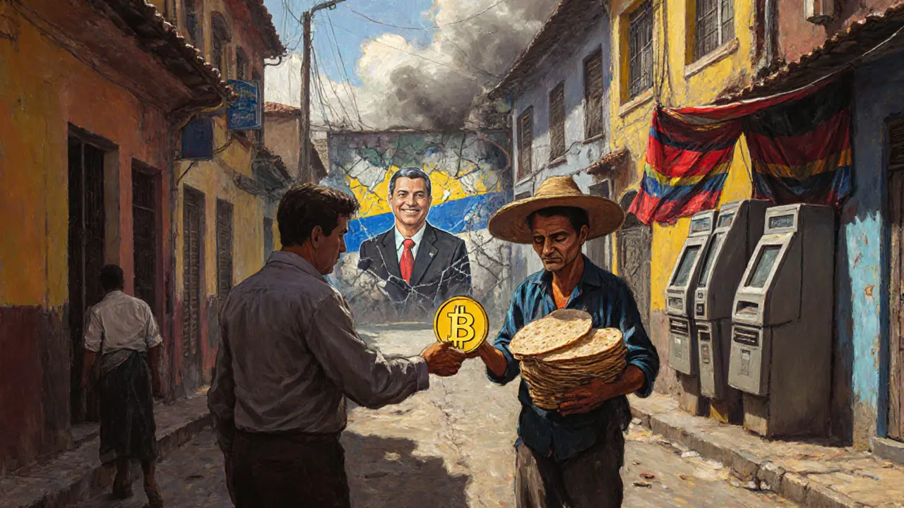 A vendor in El Salvador accepts Bitcoin for tortillas under a mural of a president, with crypto ATMs in the background.