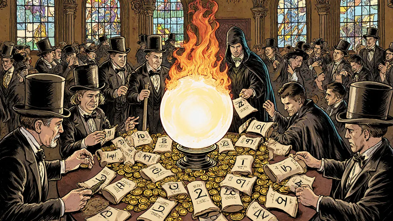 A Victorian auction hall with merchants bidding gas fees, a burning crystal ball, and a thief stealing a numbered scroll labeled &#039;nonce&#039;.