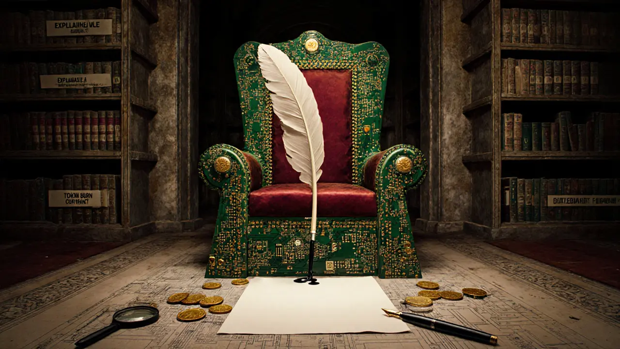 An empty throne of circuit boards stands in a forgotten hall, with a quill hovering over a blank contract.