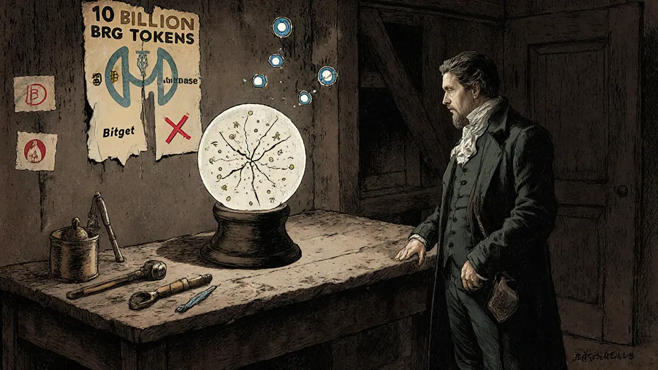 An inventor in dusty workshop stares at a dark crystal ball displaying broken blockchain and AI symbols, tools unused.
