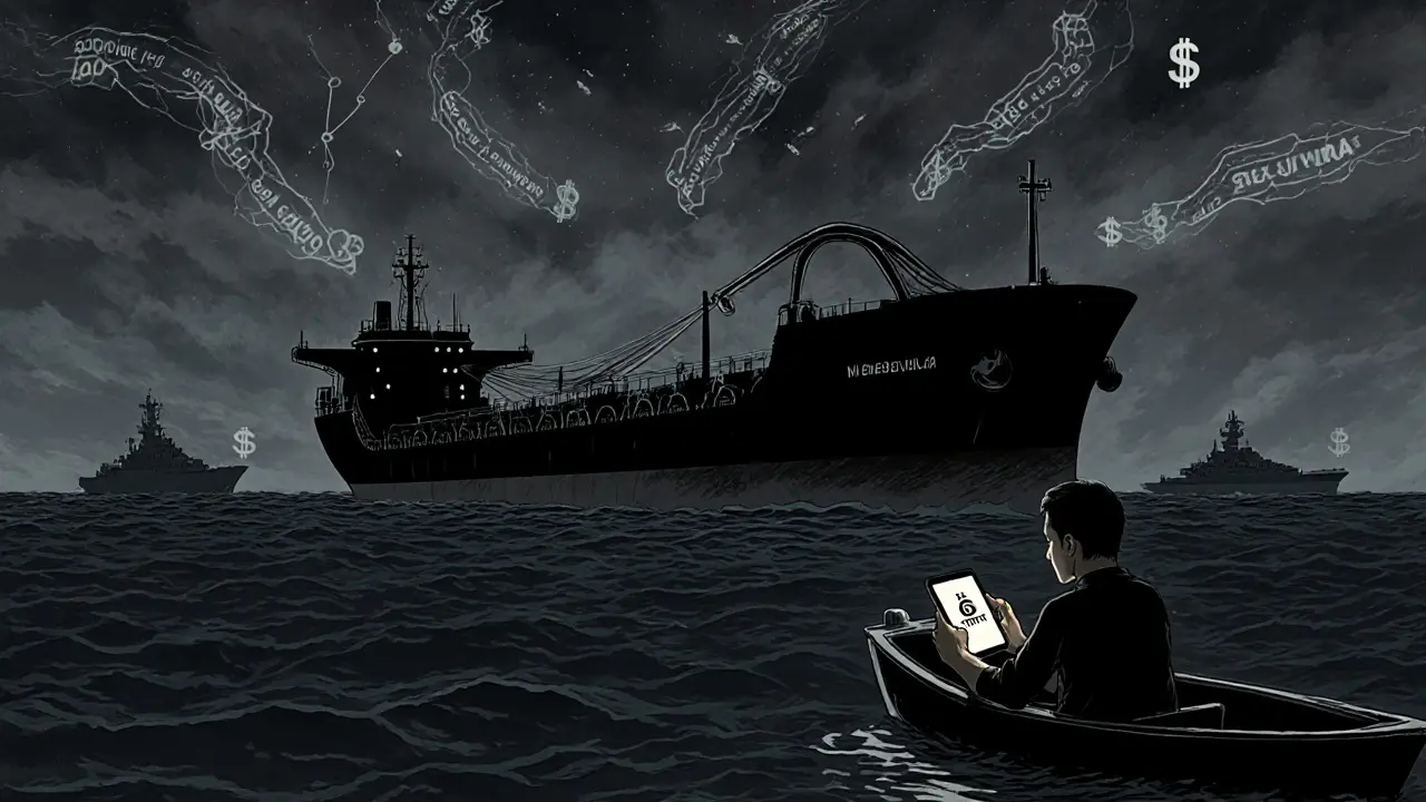 An oil tanker transfers crude at sea while blockchain addresses float above, watched by a quiet fisherman.