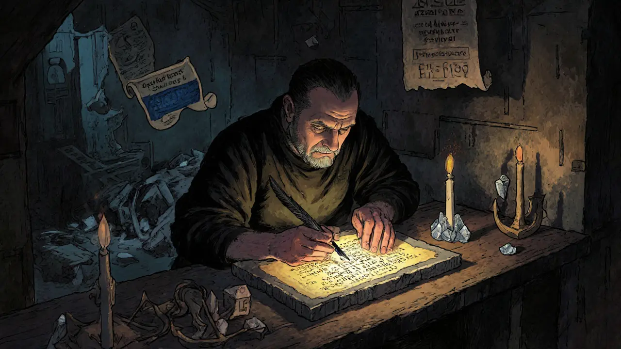 Artisan inscribing NFT metadata onto a rune-stone surrounded by Arweave and IPFS symbols.