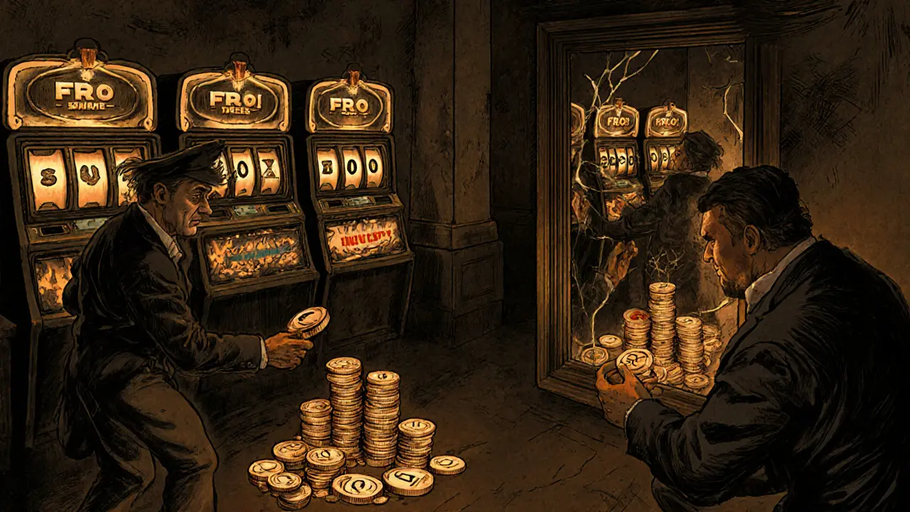 Desperate traders gamble with FROX tokens in a shadowy casino hall under dramatic lighting.