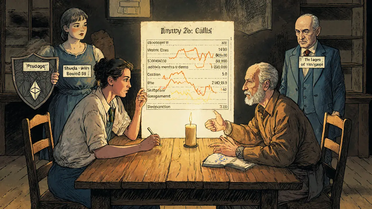 Diverse users around table watching gas fees drop, Layer 2s glowing warmly, Solana and Cardano at edges.