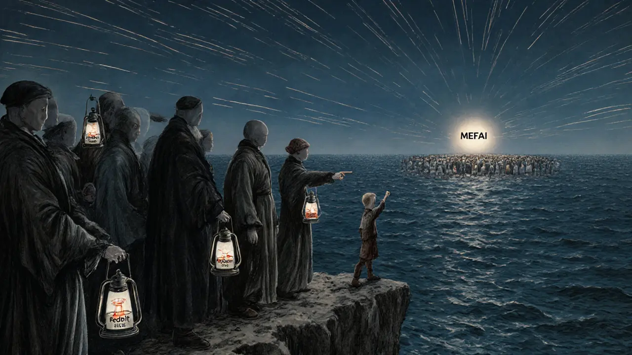 Faceless figures stand at a cliff&#039;s edge, holding extinguished lanterns, while a faint website glows on the distant horizon.