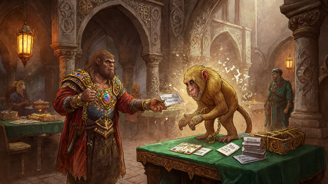 Medieval marketplace with merchants displaying NFTs, one fading as a broken URL snaps in the air.