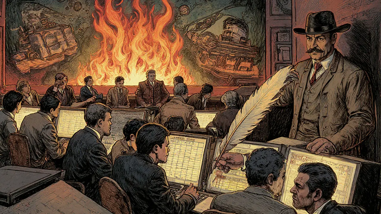 Traders in vintage attire transact at a crypto exchange while a tax officer deducts 1% with a quill pen.