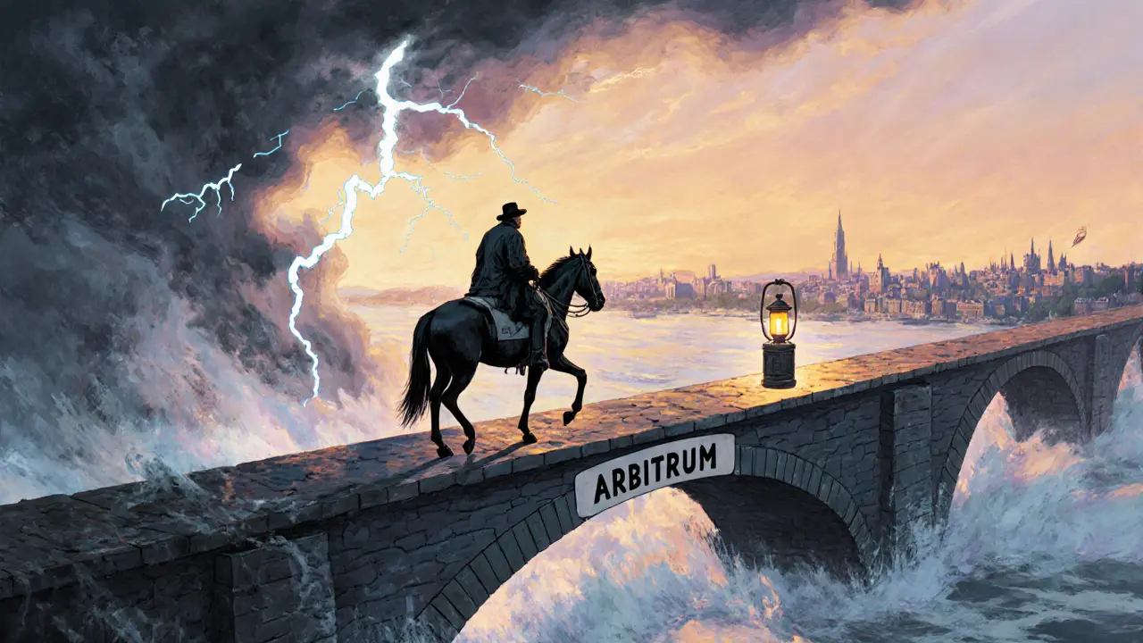 Traveler crossing Ethereum bridge at dawn, storm of high fees behind, peaceful Layer 2 path ahead.