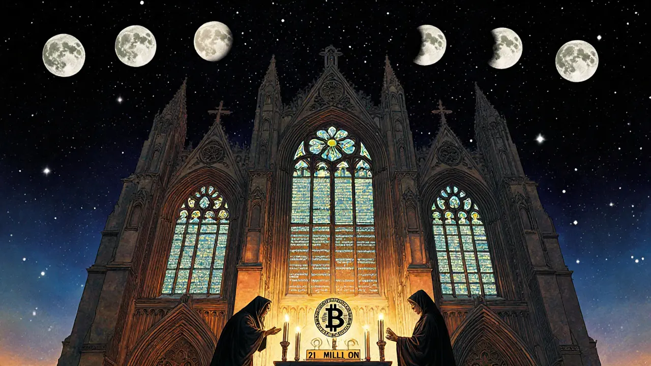 A cathedral of code with stained-glass Bitcoin blocks, miners offering fees to an altar marked &#039;21 Million,&#039; under a halving moon.