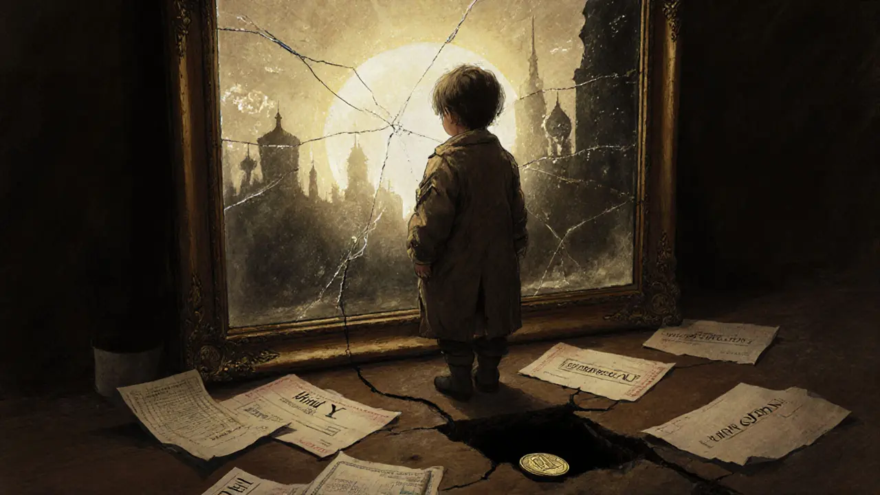 A child stares at a mirror showing a vanished DeFi utopia, while a DFY token rolls into a dark crack in the floor.