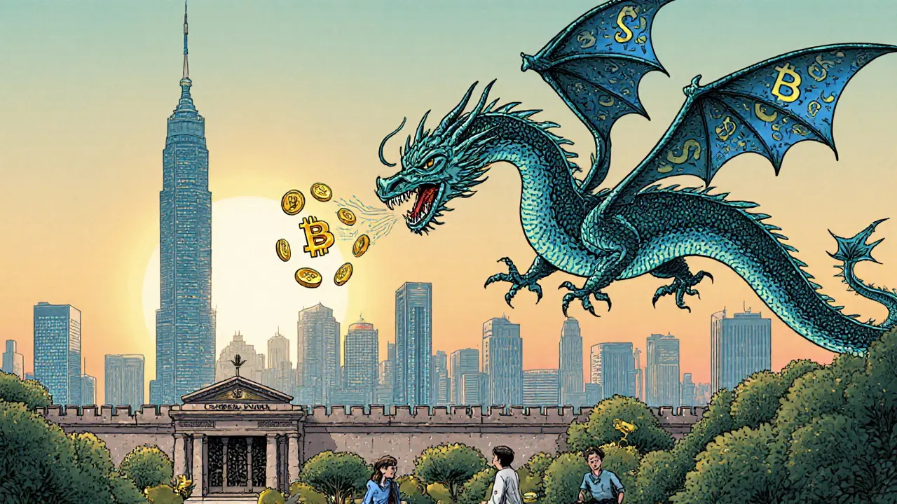 A digital currency dragon flies over Taipei, dropping CBDC coins as banks rest safely inside a garden, away from chaotic crypto serpents.