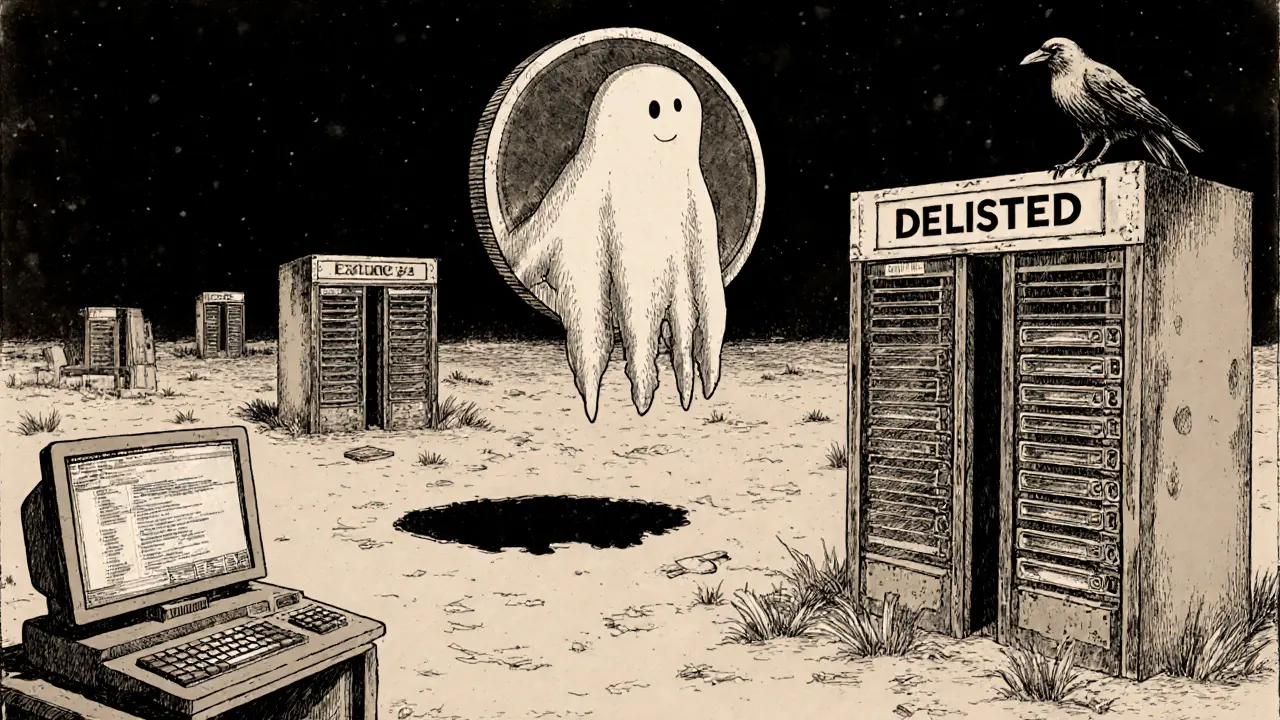 A ghostly Radx AI coin floating over abandoned digital infrastructure, symbolizing its collapse.