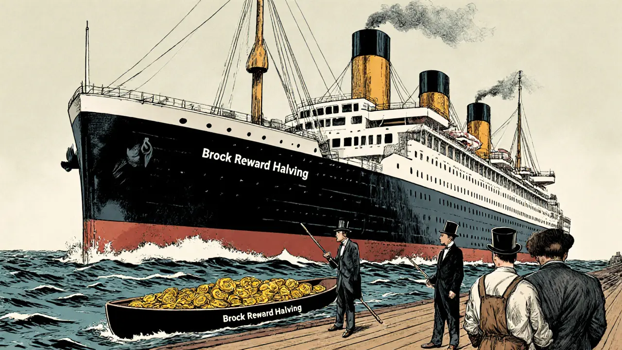 A giant Bitcoin tanker is barely moved by a tiny paddle labeled &#039;Halving,&#039; while ETF ships pour gold coins into the sea.