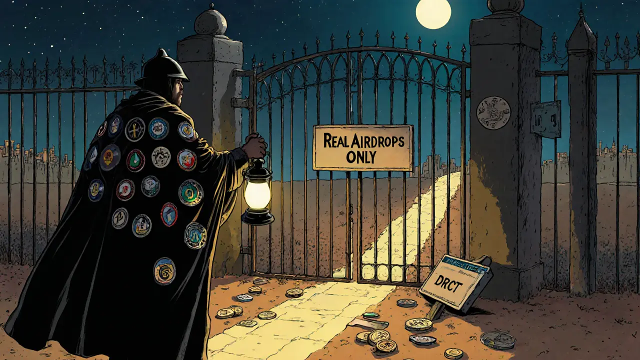 A guardian stands before a gate to real airdrops, while fake DRCT tokens lie discarded at their feet.
