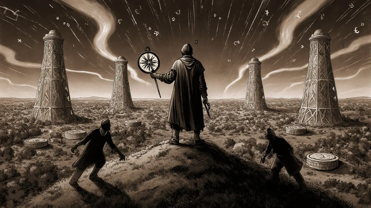 A lone figure stands on a hill overlooking HECO Chain towers, compass pointing to BUTTER Farms, with scammer shadows fleeing.