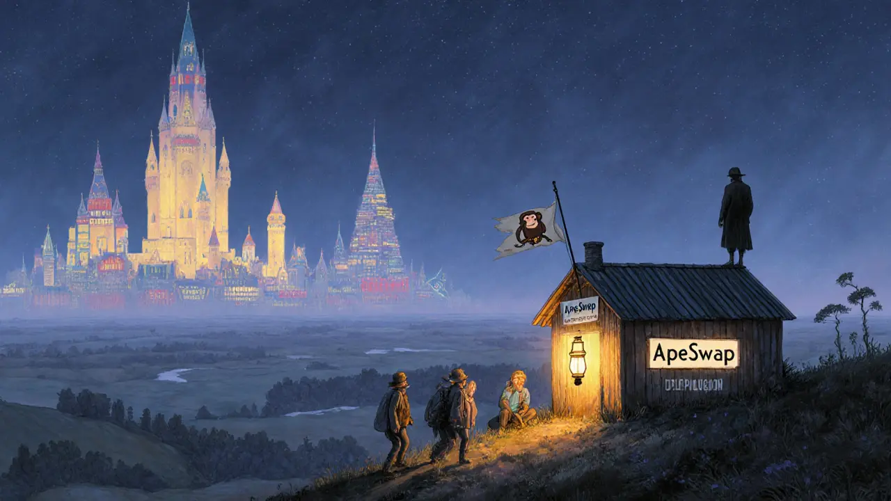 A modest ApeSwap shack glows warmly beneath giant DEX castles, as curious travelers approach in a Howard Pyle-style landscape.