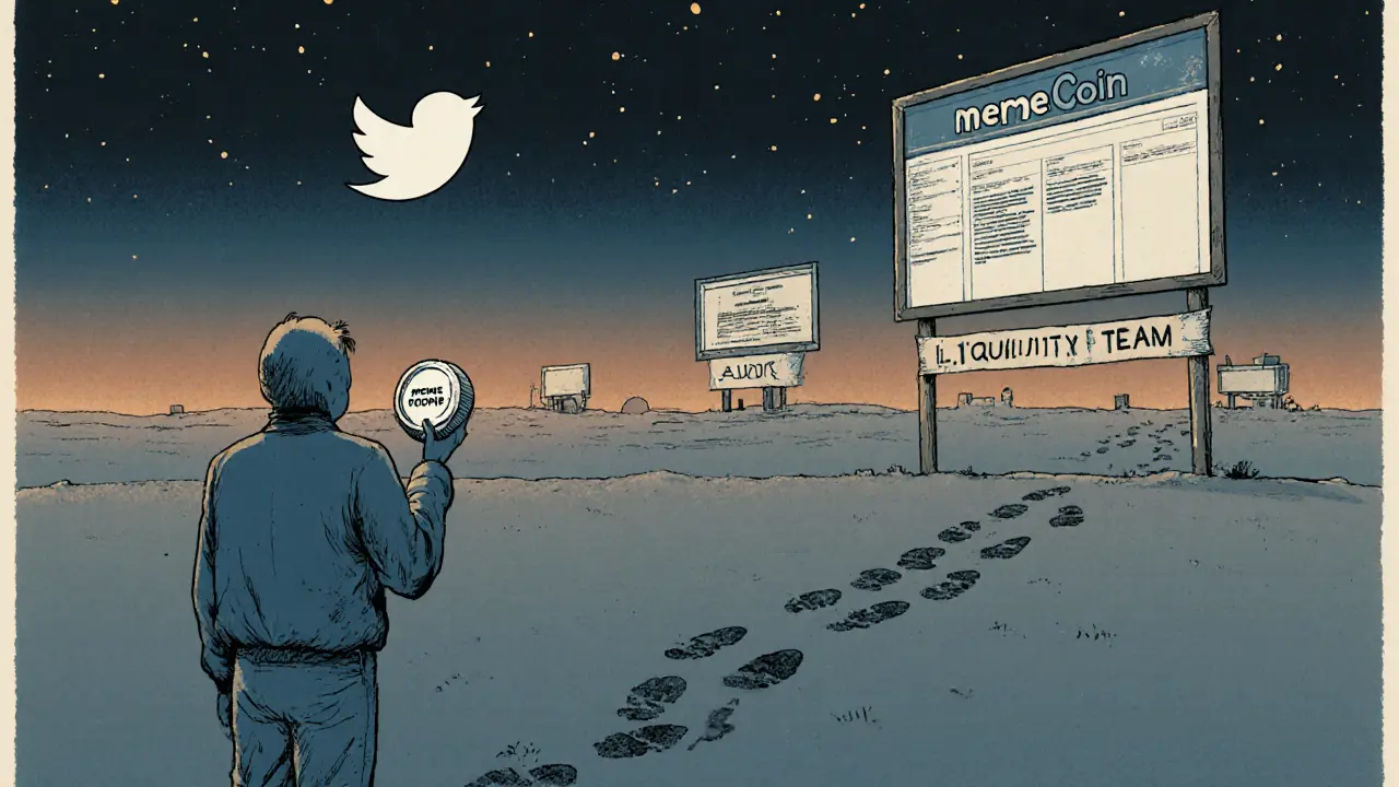 A person holding a single token on an empty digital plain, with only a fading Twitter icon in the distance.