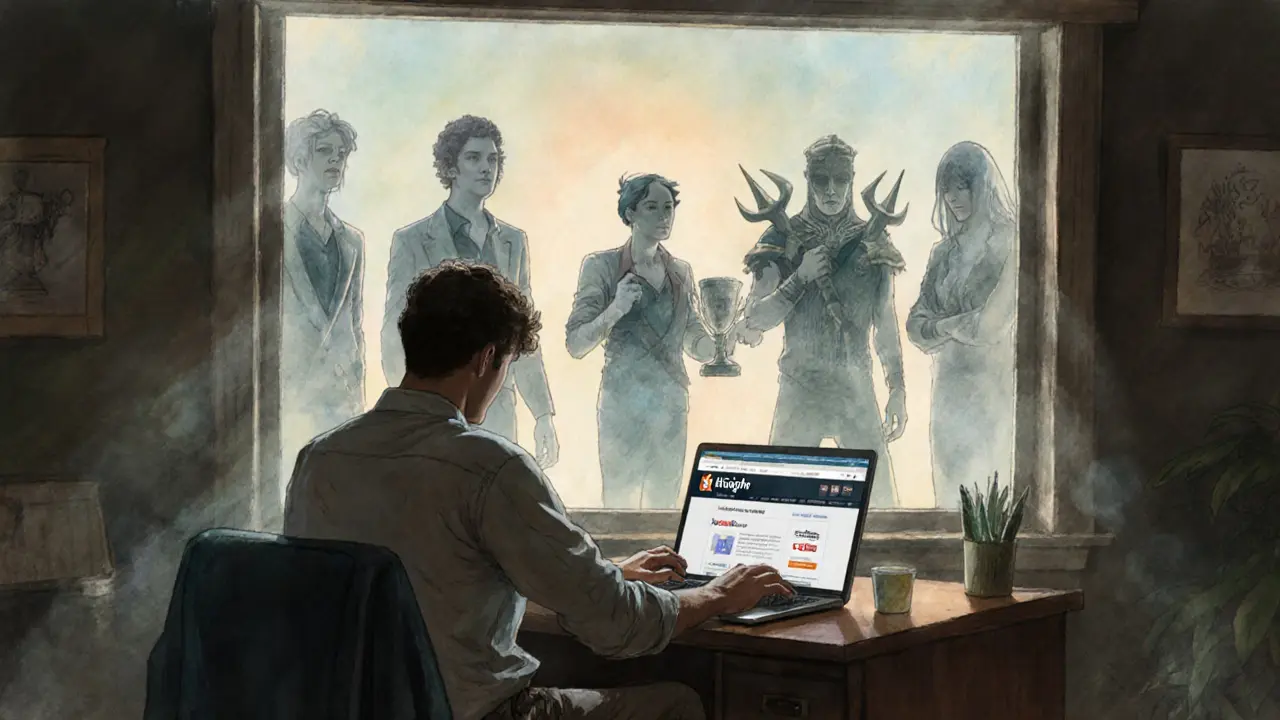 A player at a desk with ghostly community contributors visible behind them, facing the official Forest Knight website.