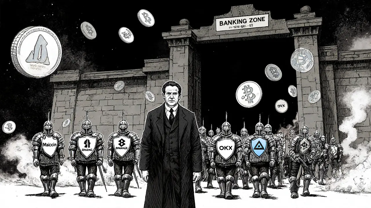 A regulatory officer guards a bank gate while registered crypto exchanges march through a separate path, with stablecoins floating nearby.