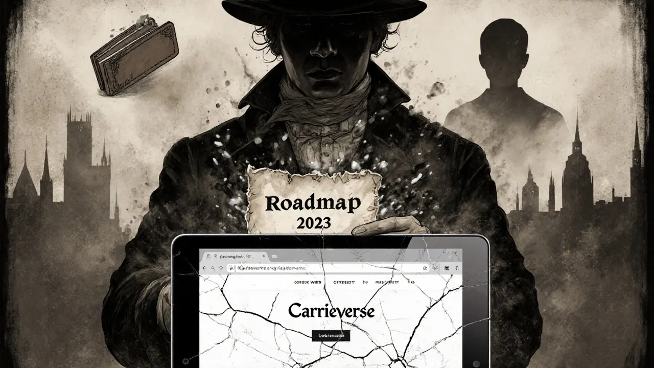 A shadowy figure watches a roadmap disintegrate as ghostly metaverse elements fade into mist.