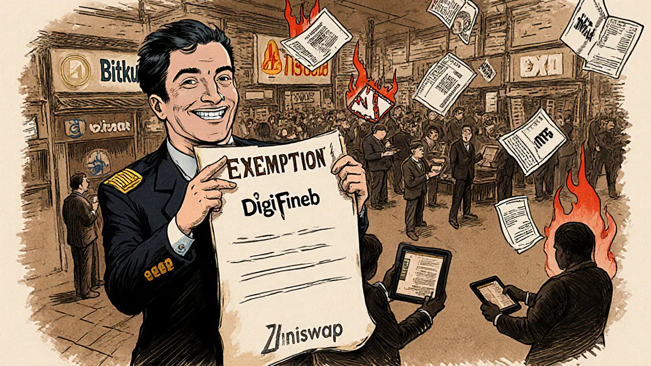 A Thai tax officer celebrates the crypto exemption as traders use licensed platforms, while unlicensed trades burn with warning signs.