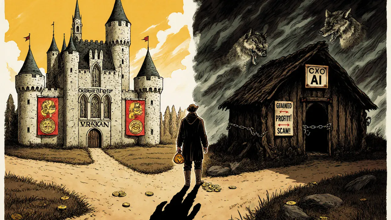 A traveler choosing between a safe castle and a deceitful shack, symbolizing legitimate vs. fraudulent crypto platforms.