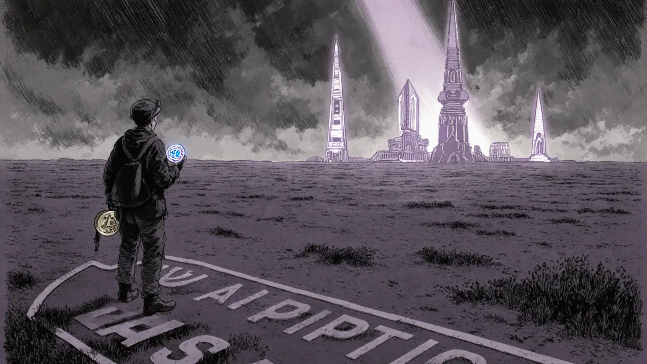 A traveler stares at glowing AI dApps on a horizon, METIS token in hand, against a barren wasteland.