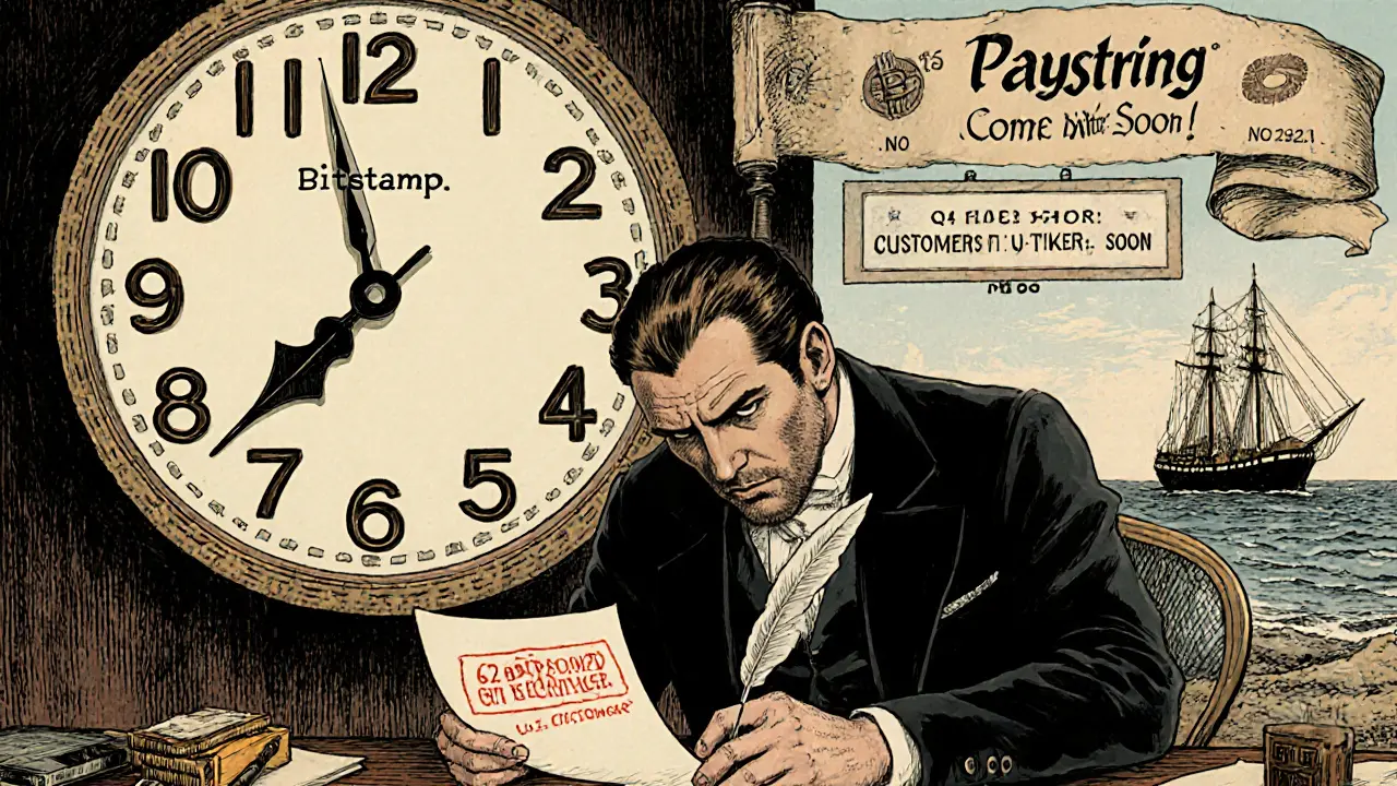 A user frustrated by slow support, with a slow clock and a ship sailing from the U.S. shore.