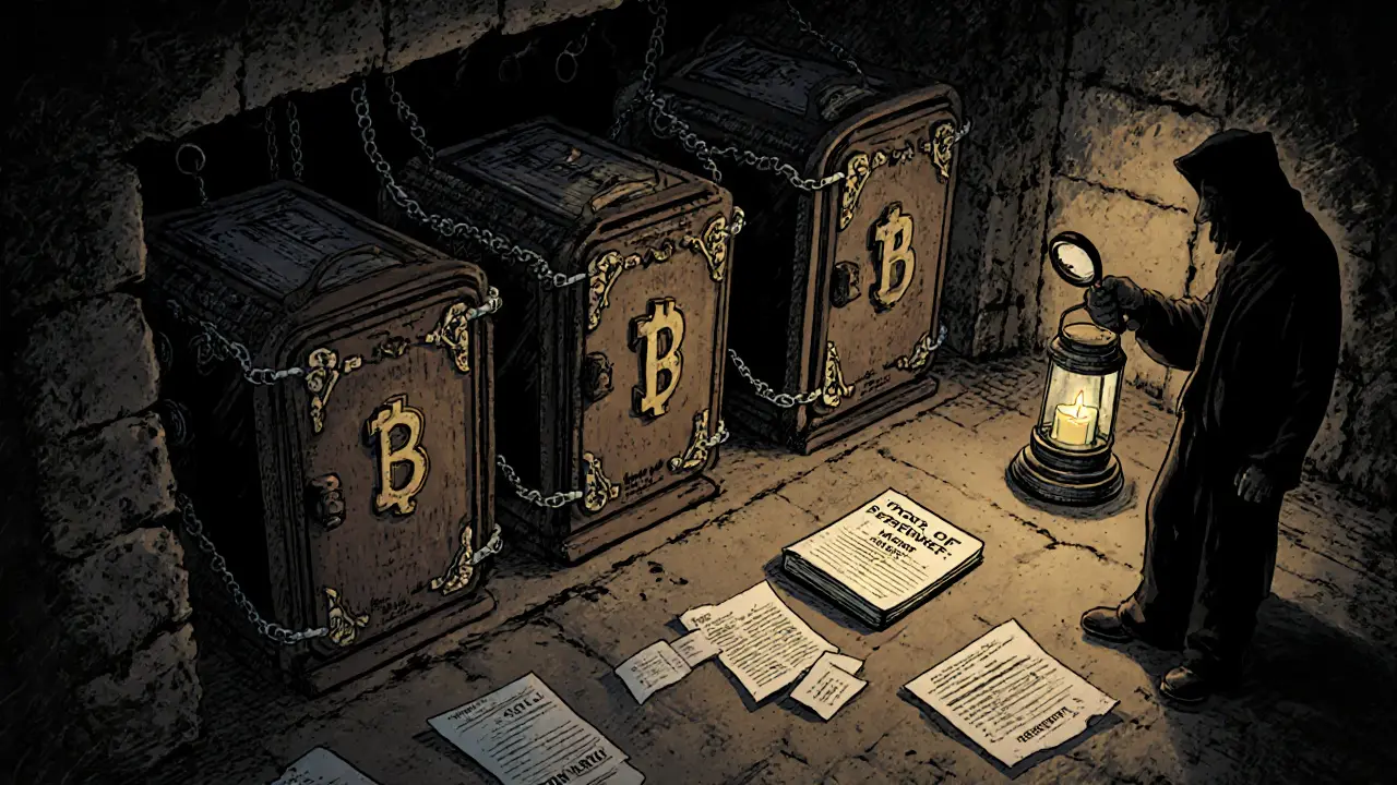 A vault with cold wallets and a missing &#039;Proof of Reserves&#039; ledger under candlelight.