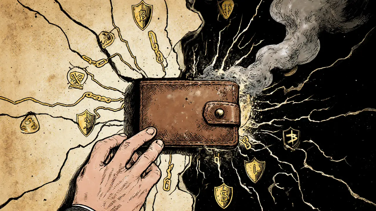 A wallet being inserted into a crumbling smart contract portal, one side safe, the other dark and unstable.