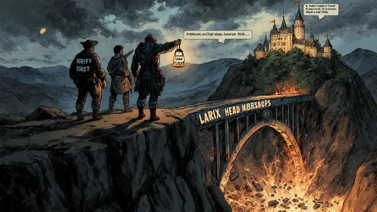 Adventurers at a cliff&#039;s edge choosing safe airdrops over a crumbling bridge labeled &#039;LARIX Head Mining,&#039; illustrated in classic Pyle style.