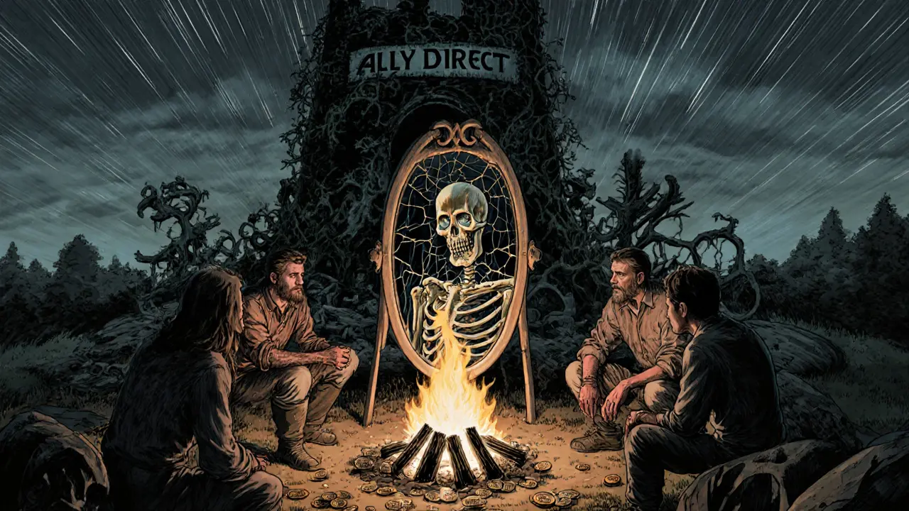 Adventurers stare into a mirror showing empty wallets, while a dead blockchain tower crumbles behind them.