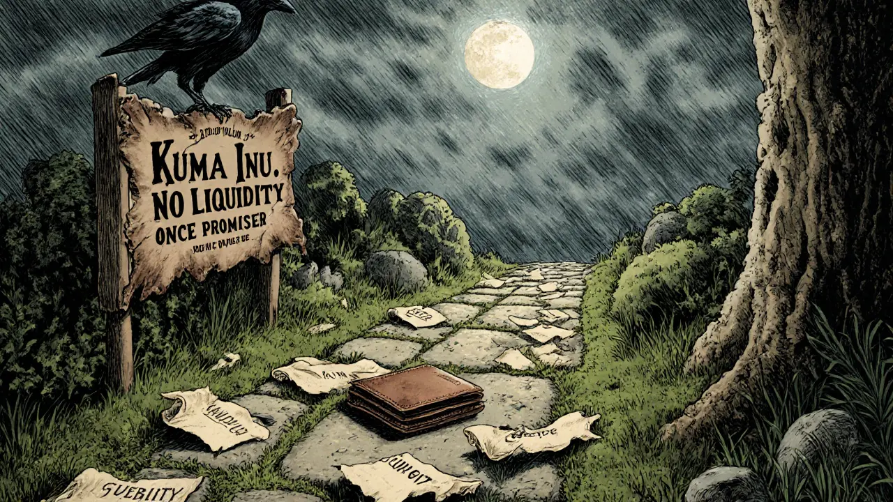 An abandoned wallet on a path littered with scrolls saying &#039;Zero Volume&#039; and &#039;Scam Site&#039;, under a moonlit sky with a broken sign.