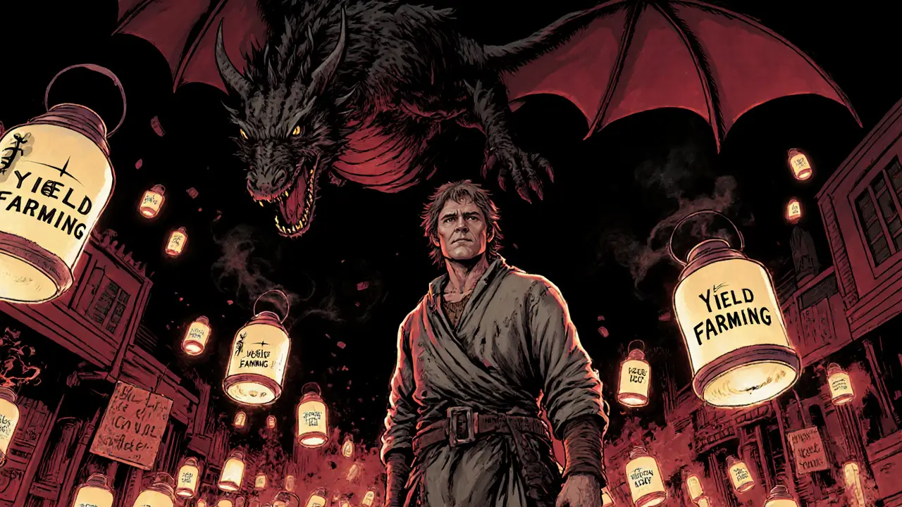 An adventurer in a chaotic crypto market surrounded by collapsing lanterns and a looming dragon of impermanent loss.