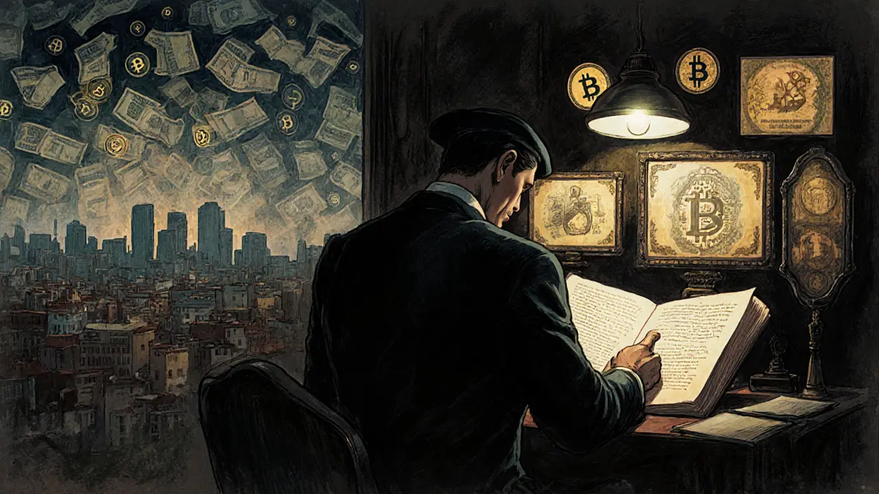 An agent reviews crypto transactions under a gaslamp as tokenized assets glow in the background of Buenos Aires.
