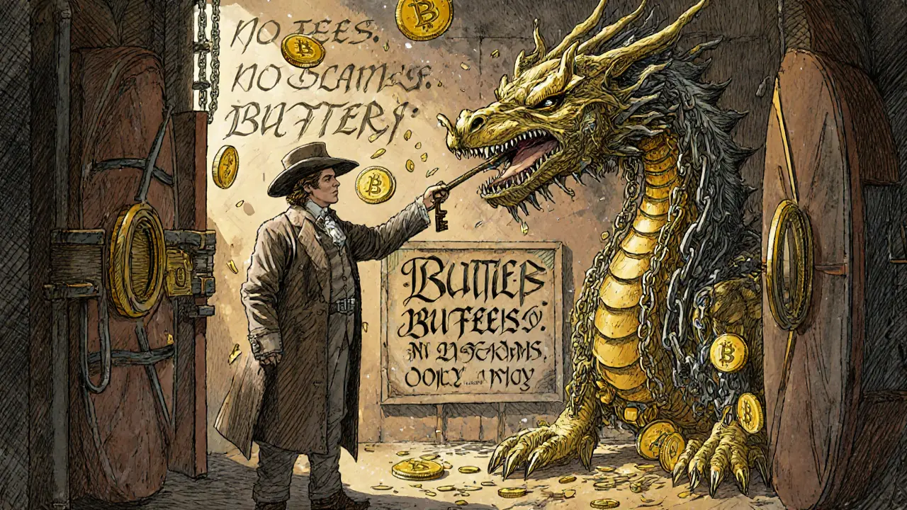 An explorer gives a liquidity key to a blockchain dragon as BUTTER tokens rain down in a DeFi vault scene.