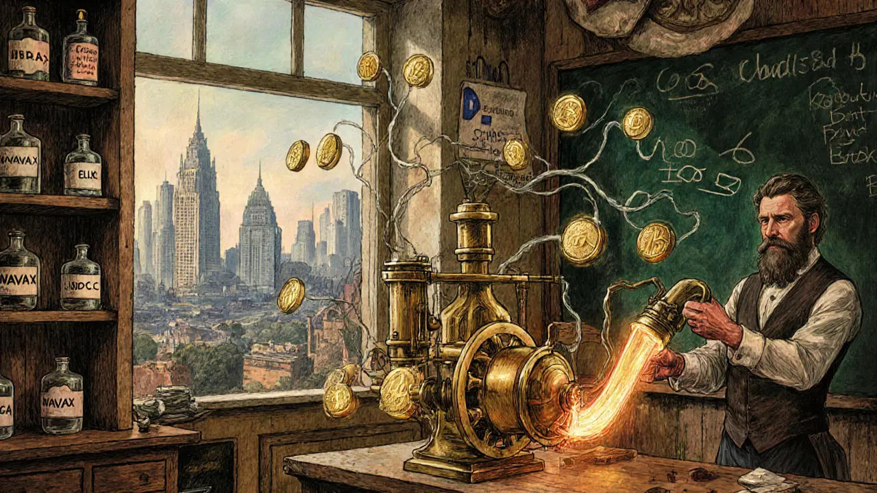 An inventor in a steampunk lab operates a brass routing engine that splits crypto coins across glowing blockchain chains.